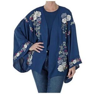 NWOT DG2 By Diane Gilman Blue Floral Embroidered Boho Open Front Kimono Top